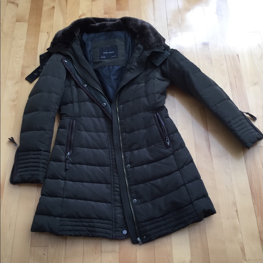 Zara military green winter coat with Hood and Faux Fur Collar Excellent Sz M